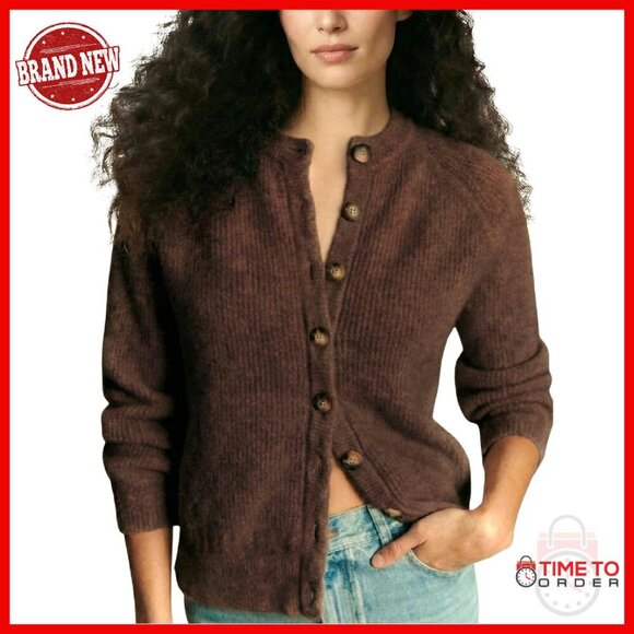 Sweaters - Chunky Knit Cardigan Sweater Button Down Loose Fit Casual Crewneck